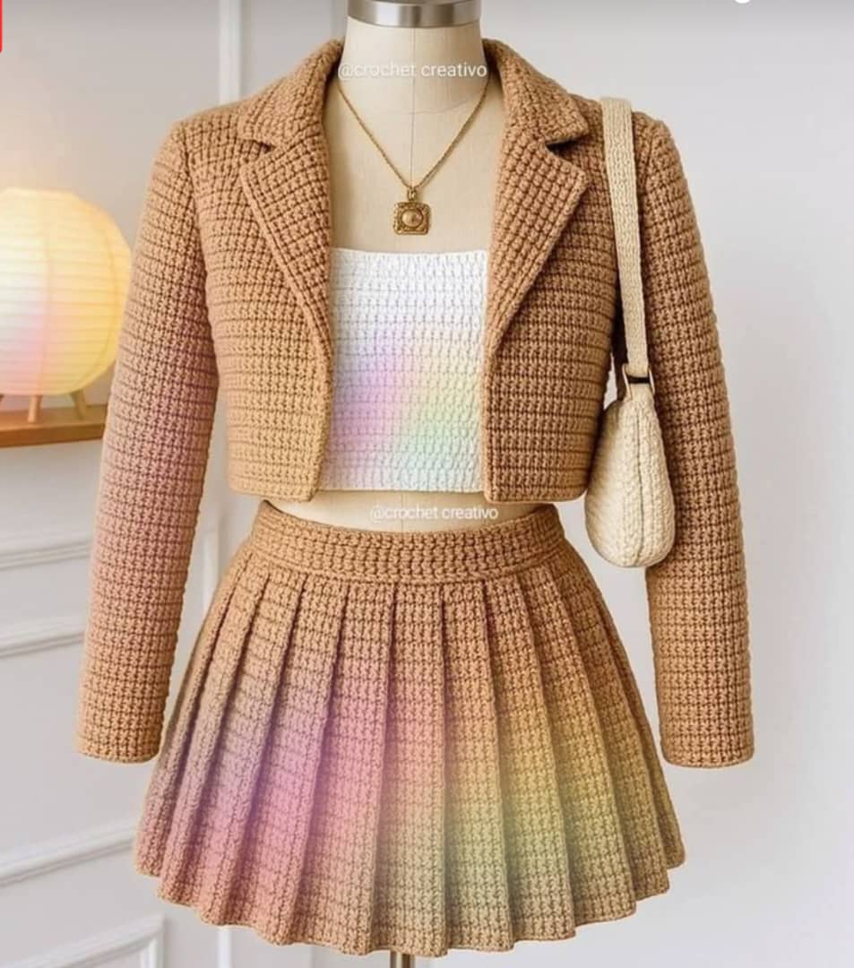 Brown Chrochet Jacket and  Skirt